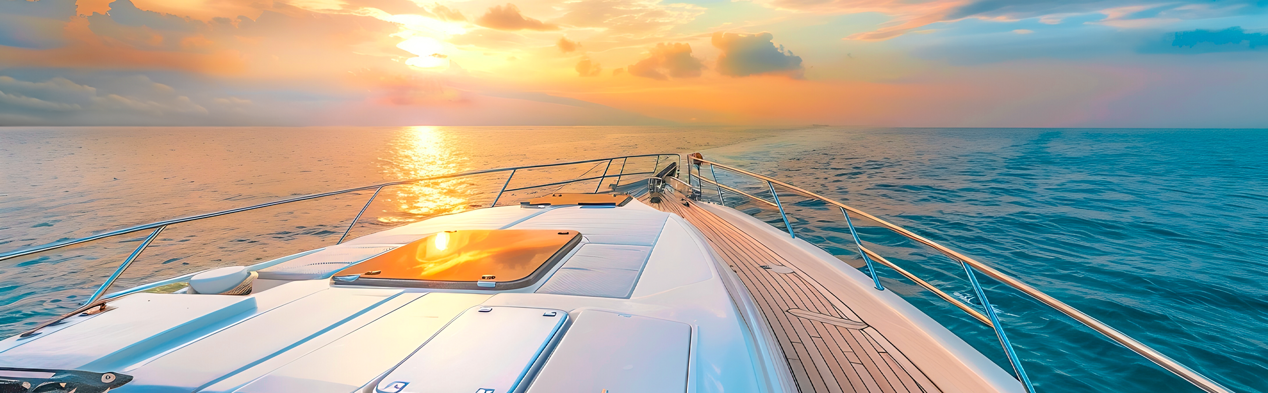 The bow of a boat in the ocean with a setting sun in the distance